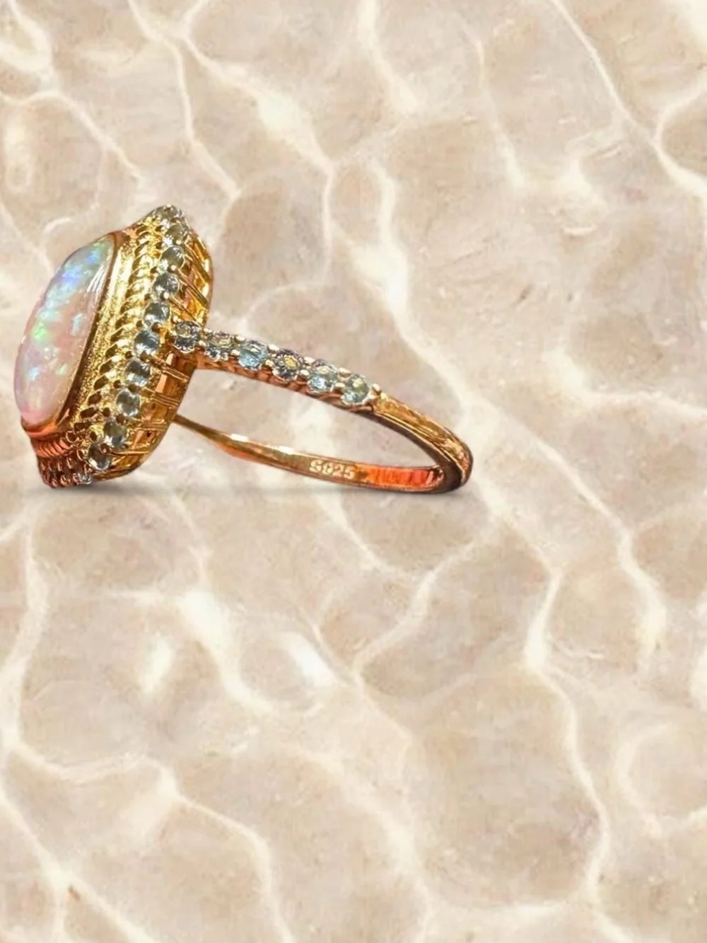 Boho Fairy 925 silver gold wash rainbow opal ring with blue stone halo and band
